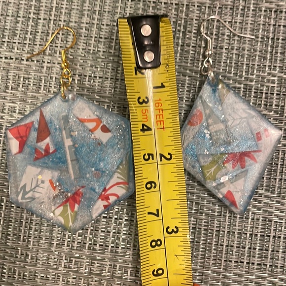 XMAS Handmade Festive Large Holiday Earrings Blue Hexagon - Picture 7 of 10